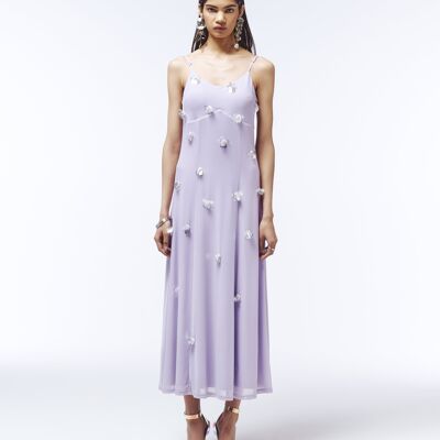 Floral Sequin-Appliqué Tulle Midi Dress in Lavender Purple