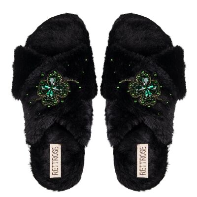 Pantofole da donna fatte a mano in pelliccia sintetica di lusso Emma Black, comode e decorate con strass