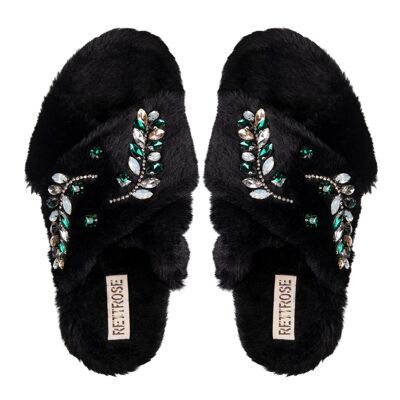 Pantofole da donna Thea nere, fatte a mano, in pelliccia sintetica di lusso, comode e con strass