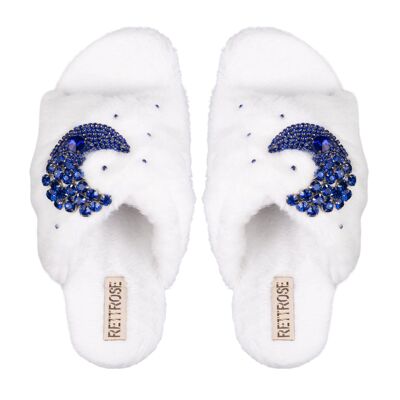 Pantuflas Alma White de piel sintética de lujo, cómodas y adornadas con diamantes, hechas a mano para mujer
