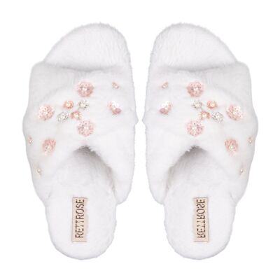 Chaussons confortables faits main en fausse fourrure blanche de luxe Kinsley, ornés de strass