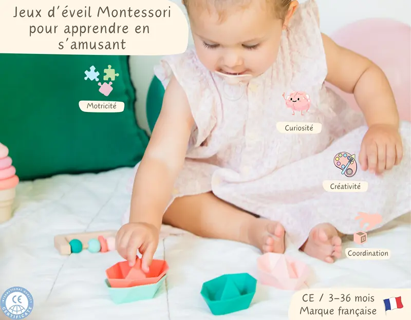 Coffret Cadeau Montessori – Jouets D’éveil Bébé : Cubes Empilables, Balle Sensorielle, Anneau Dentition Hochet – Cadeau Naissance, 3 Mois+