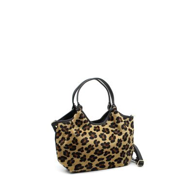 Leather tote bag with hair effect print