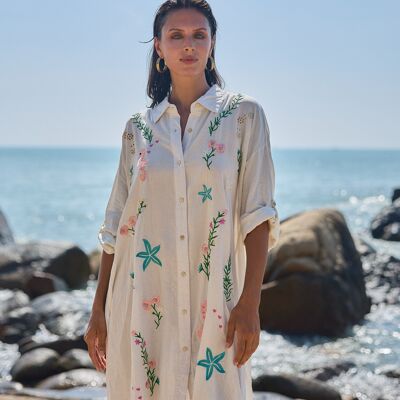 Embroidered shirt dress, V-neck, flared cut