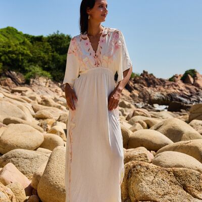 Maxi robe broderie, Manches chauves souris