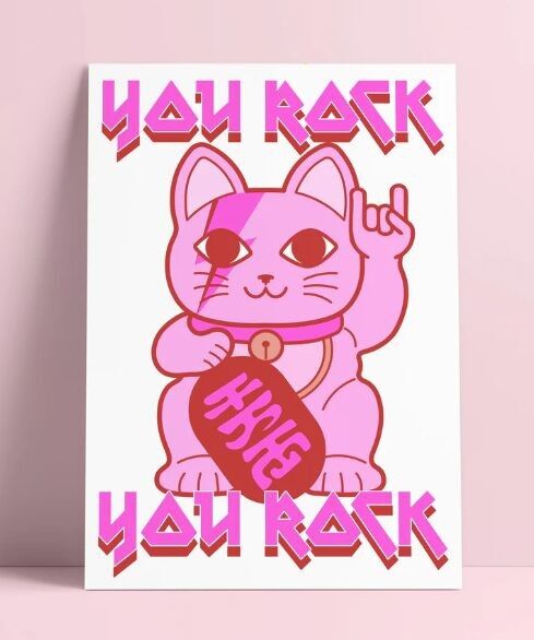 Riso-Druck You rock Lucky Cat Maneki Neko Freundschaftspostkarte