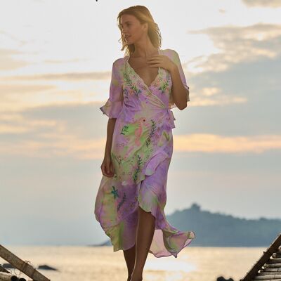 Vestido largo cruzado bordado, escote en pico