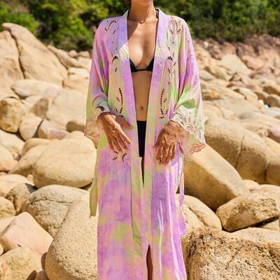 Abito kimono sfumato con ricami ritagliati sul davanti e sul retro e spacchi sotto le ascelle