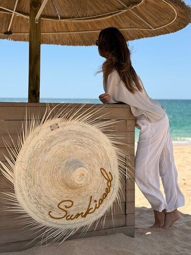 XXL Personalisierbarer marokkanischer Strohhut – Bestickte böhmische Wanddekoration