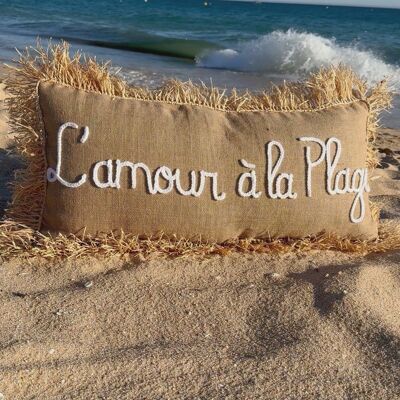 🏖️ “L’Amour à la Plage” Raffia Fringe Cushion – Handmade Moroccan Boho Pillow