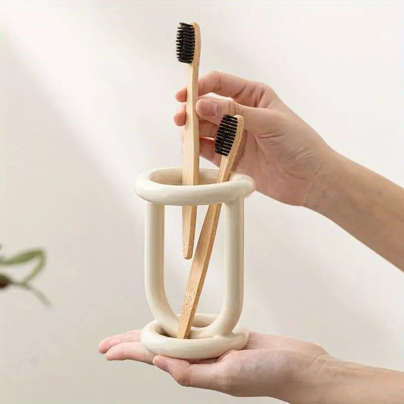 Ceramic Toothbrush Holder - Freestanding Organizer Toothpaste Brush Storage
