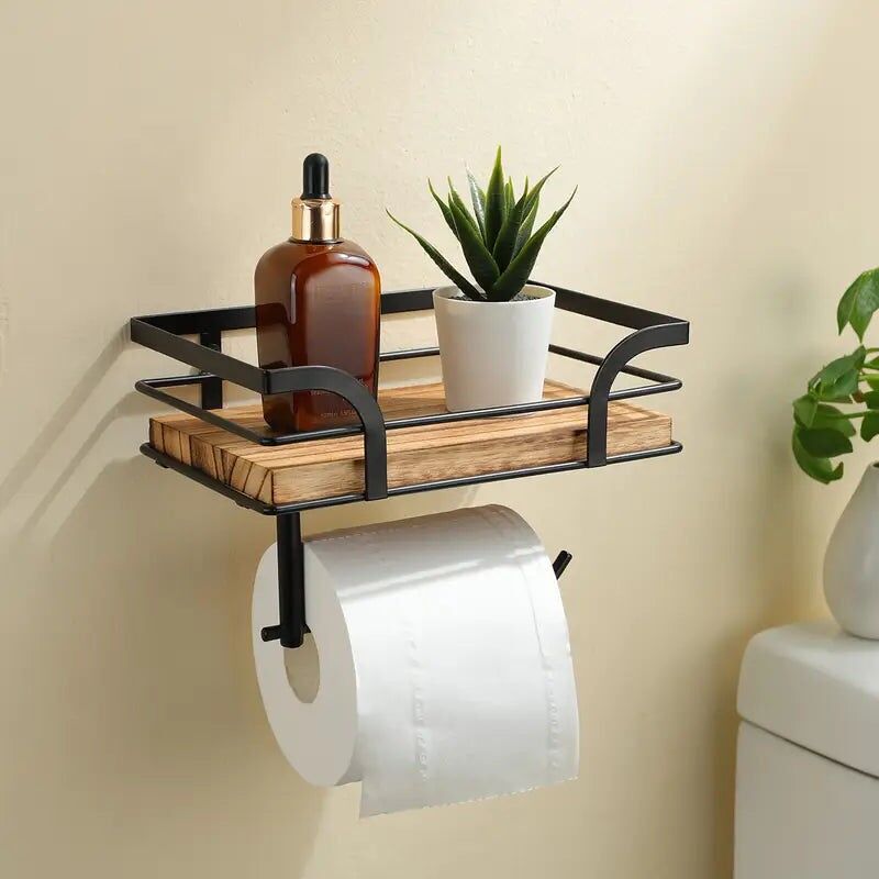 Wall Mount Toilet Paper Holder - Wood, Spare Roll Storage