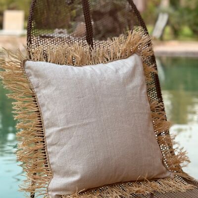🌾 Natural Raffia Fringe Cushion – Handmade Square Boho Pillow Cover
