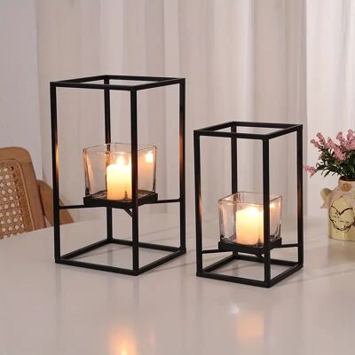 Candelabro de hierro negro - Vidrio resistente al viento, pieza central decorativa para el hogar