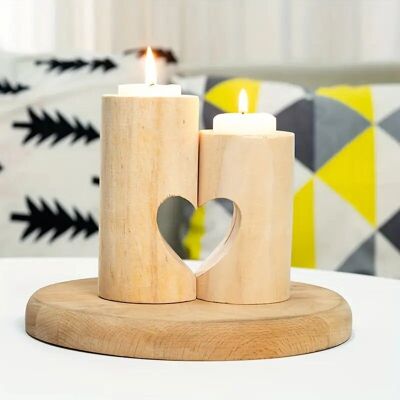 Set of 2 Wooden Love Heart Candle Holders – Tealight Centerpieces for Valentine's & Home Décor