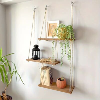 Estante de pared colgante ajustable: soporte flotante para plantas con cuerda de algodón para decoración de paredes interiores.