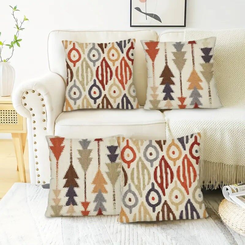 Lot de 4 housses de coussin bohèmes ethniques – Motif géométrique abstrait pour canapés et lits