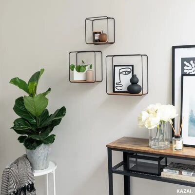 3 estantes de pared vintage de metal y madera: almacenamiento decorativo para cocina, baño y sala de estar