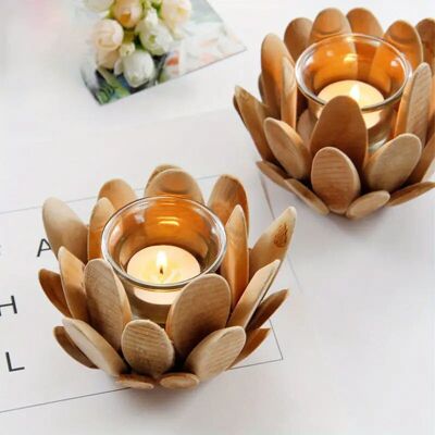 Lot de 2 bougeoirs en bois en forme de pétales de lotus – Décoration rustique avec coupelles en verre