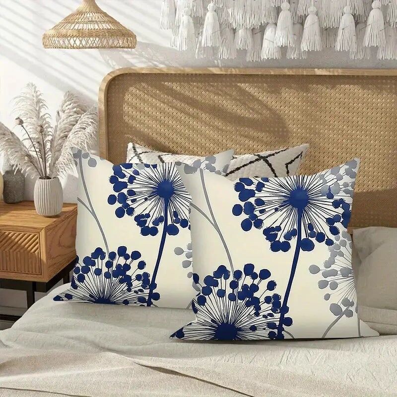 Lot de 2 housses de coussin décoratives à motif floral bleu et gris, 45 x 45 cm, pour canapé et voiture