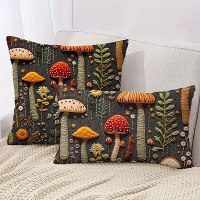 1pc Forest Mushroom & Floral Print Decorative Pillow Cover - Soft Velvet Touch Machine Washable