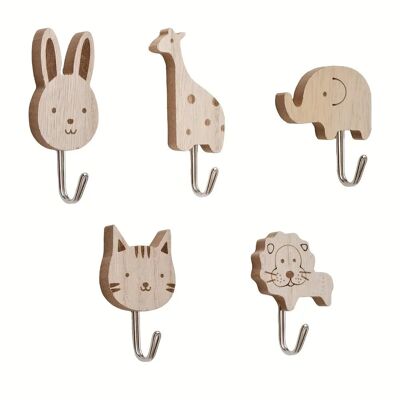 Set di 5 ganci da parete in legno a forma di animali, a forma di gatto, leone, coniglio, giraffa, elefante.