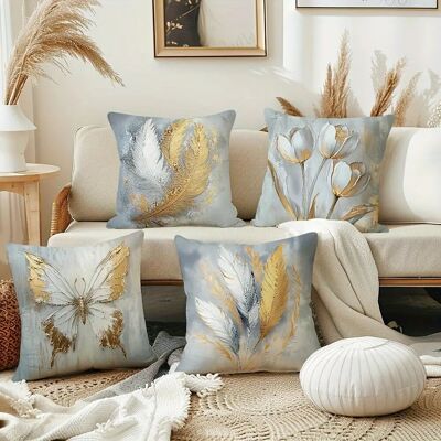 4pcs Feather & Butterfly Designs Boho Chic Throw Pillow Covers, 45.72x45.72 cm