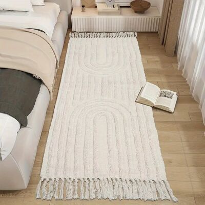 Alfombra con borlas y estampado arcoíris bohemio - Lavable a máquina