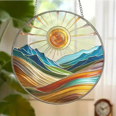 Decorazione da parete in vetro acrilico con sole e montagna in stile boho, 14.48 centimetri