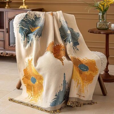 Contemporary Jacquard Woven Throw Blanket with Fringe, Polyester, All-Season Multipurpose