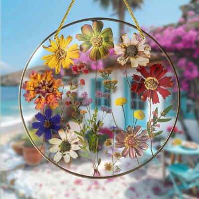 Adorno colgante de sol con flores prensadas de 8 pulgadas