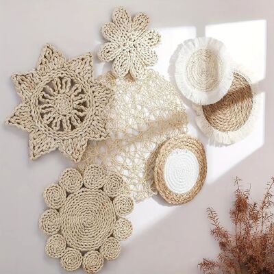 Bohemian Style Wall Basket Decor Set of 7 - Handwoven Rattan Wicker Wall Art