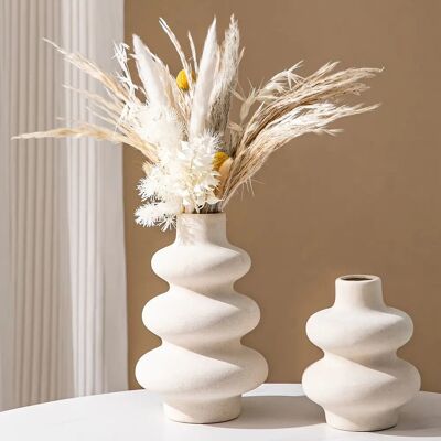 Vase en céramique blanc bohème moderne – Décoration de table et herbe de la pampa