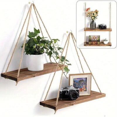 1 estante colgante de pared de cuerda de cáñamo con columpio de madera