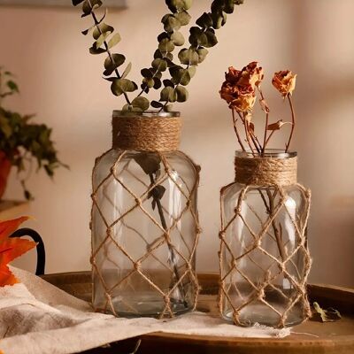 Lot de 1 ou 2 vases à fleurs vintage bohèmes en verre transparent tissé à la main