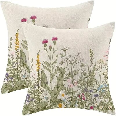 Lot de 2 housses de coussin en lin avec motif de fleurs, d'herbes vertes et de feuilles de plantes, 45.72x45.72 cm