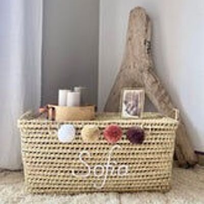 🧺 Custom Embroidered Toy Basket – Handmade Palm Leaf Storage with Name & Pompons