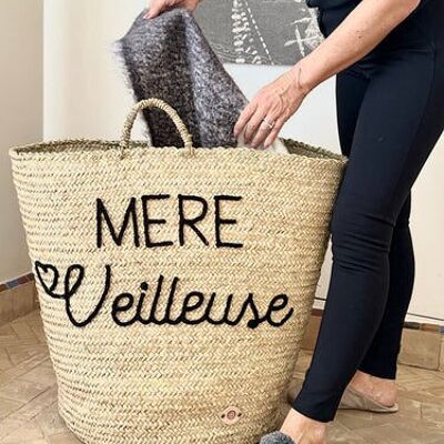 🧺 "Mère Veilleuse" Large Embroidered Basket – Handmade Moroccan Storage Basket
