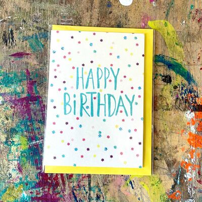 Birthday card with envelope, stars HappyBirthday