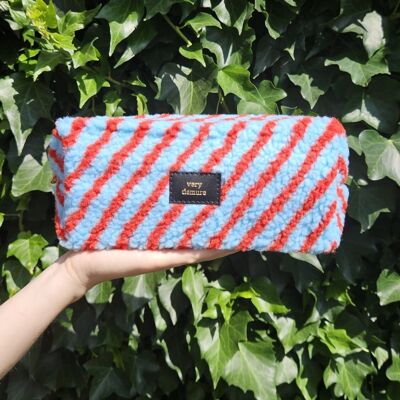 Sac très sobre à rayures rouge bleu clair en tissu teddy