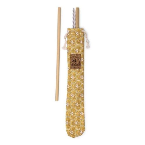 Pochette cousue en France avec 2 pailles en bambou et une brosse de nettoyage made in France - Tissu hexagone jaune