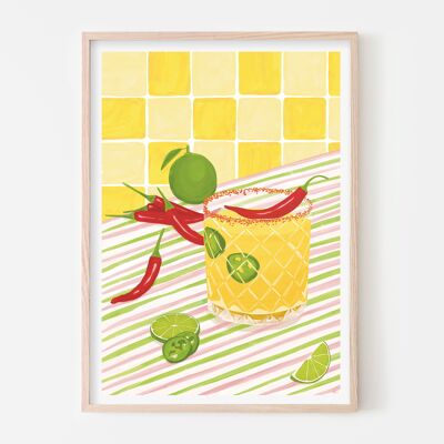 Lámina artística de margarita picante | Póster de cóctel cítrico para bar en casa