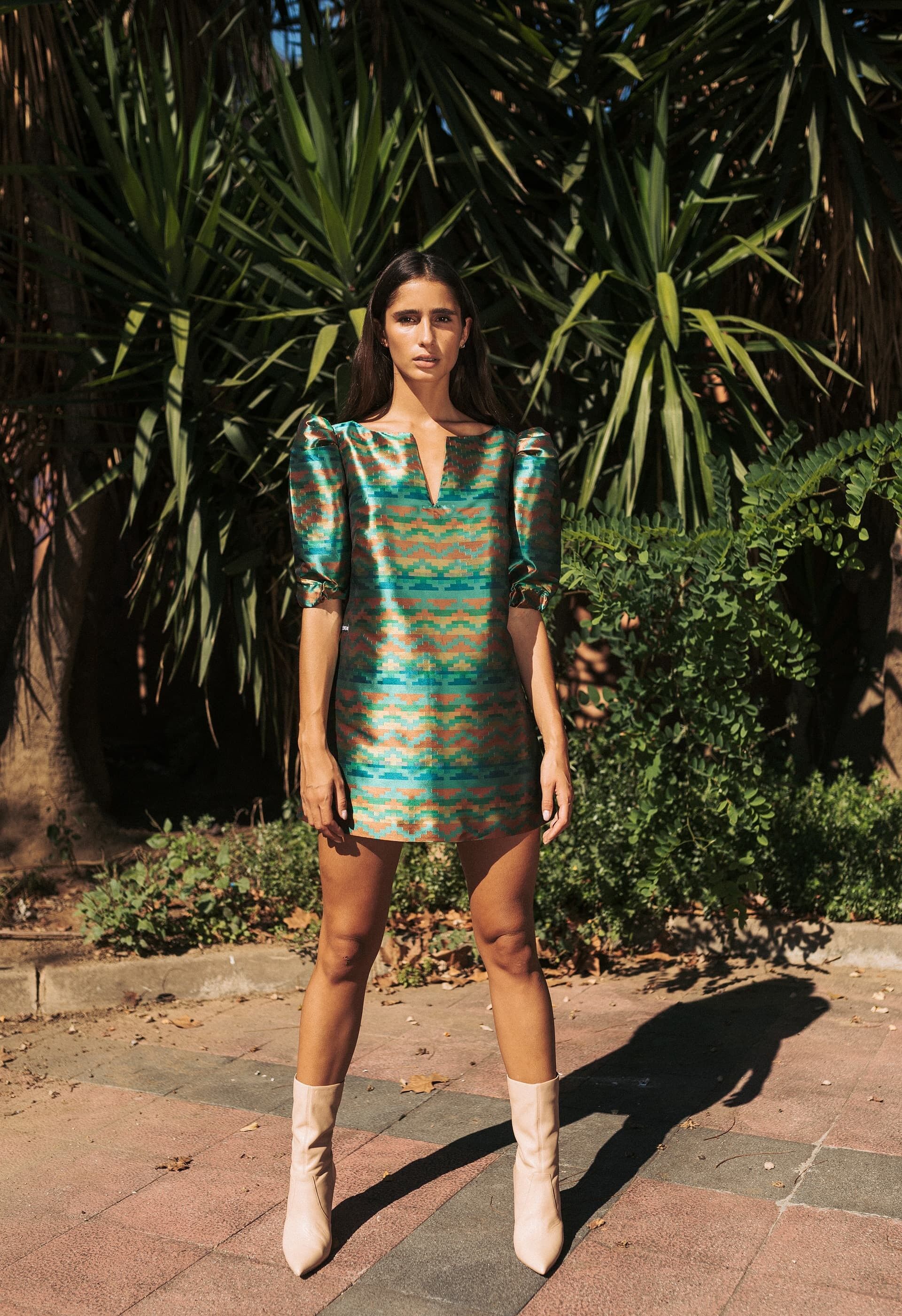 Robe midi en cupro à imprimé géométrique