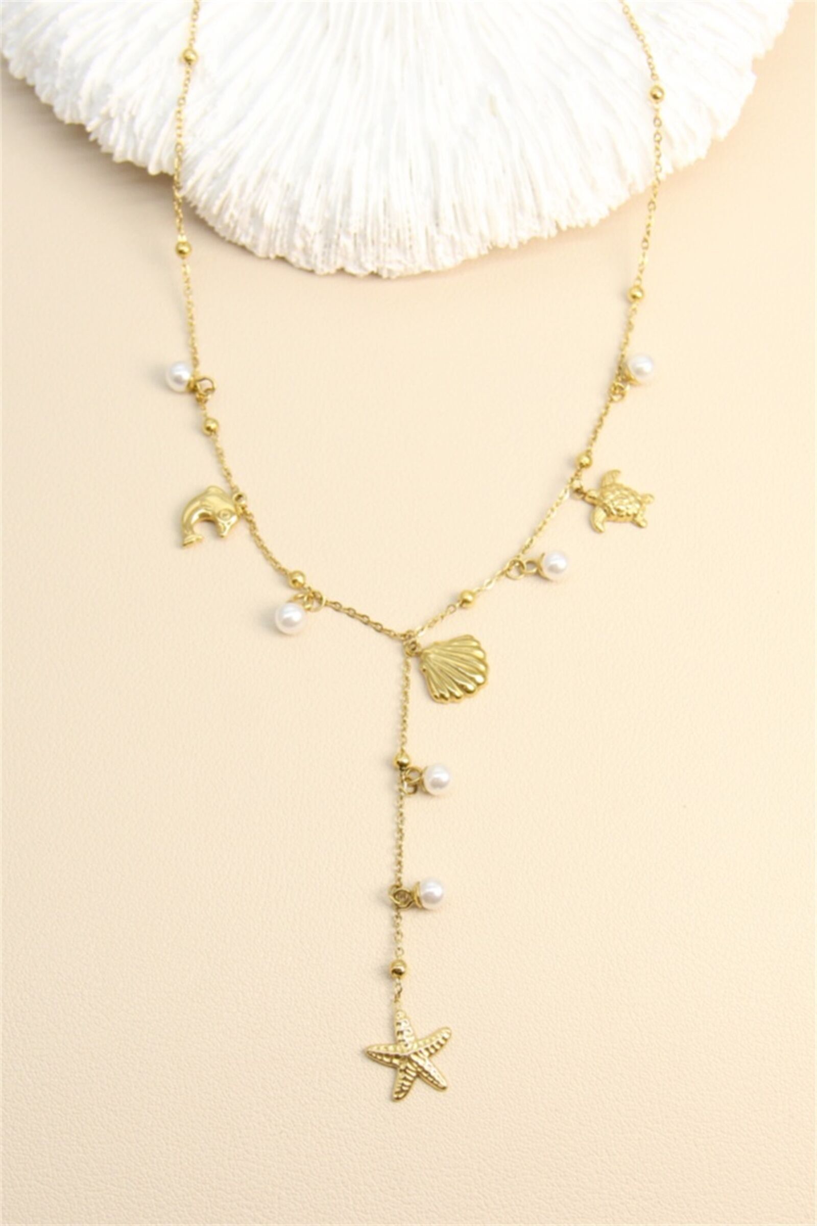 Edelstahlkette – Marine-Anhänger und baumelnde Perlen