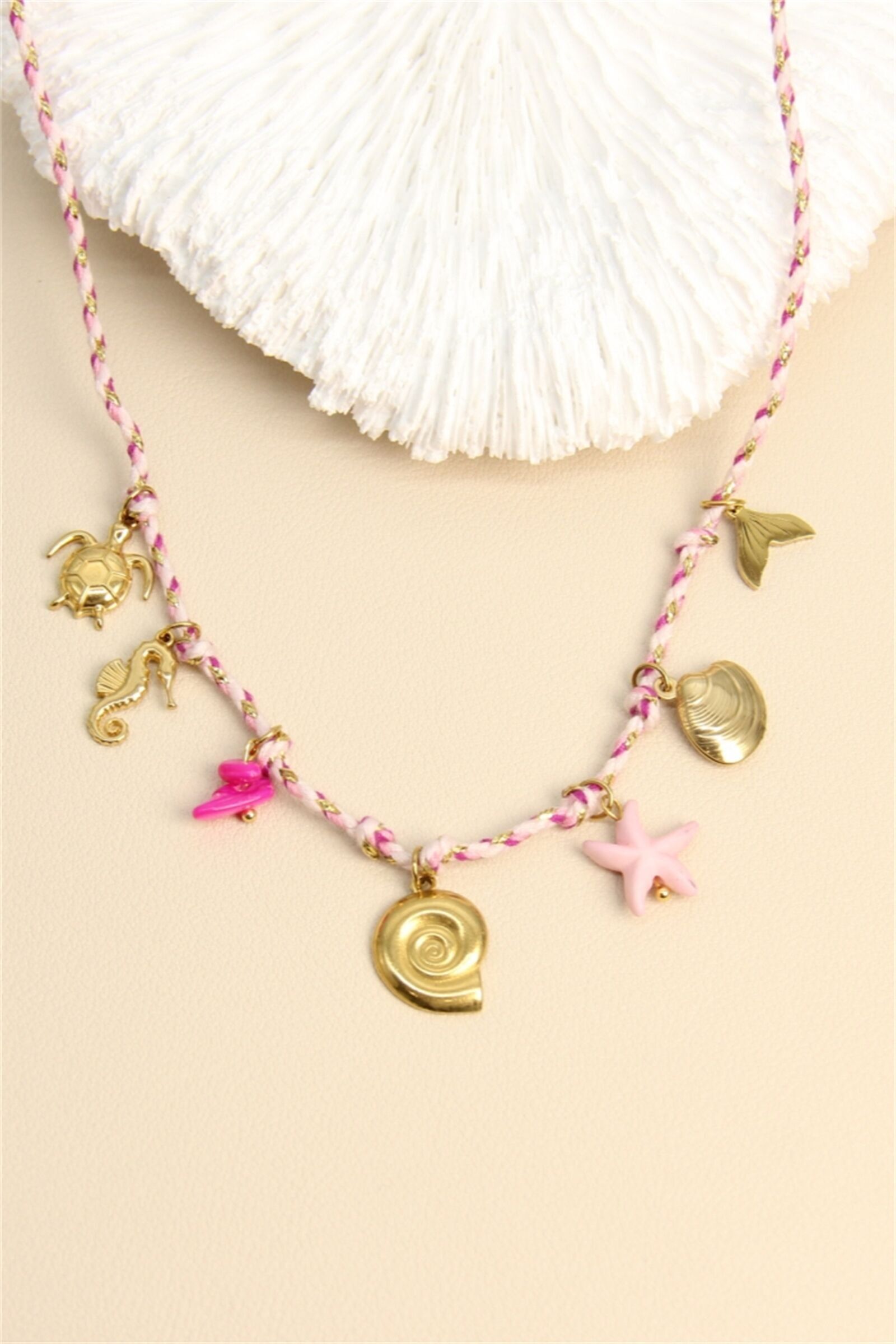 Rosa Kordelkette – Edelstahl & maritime Charms
