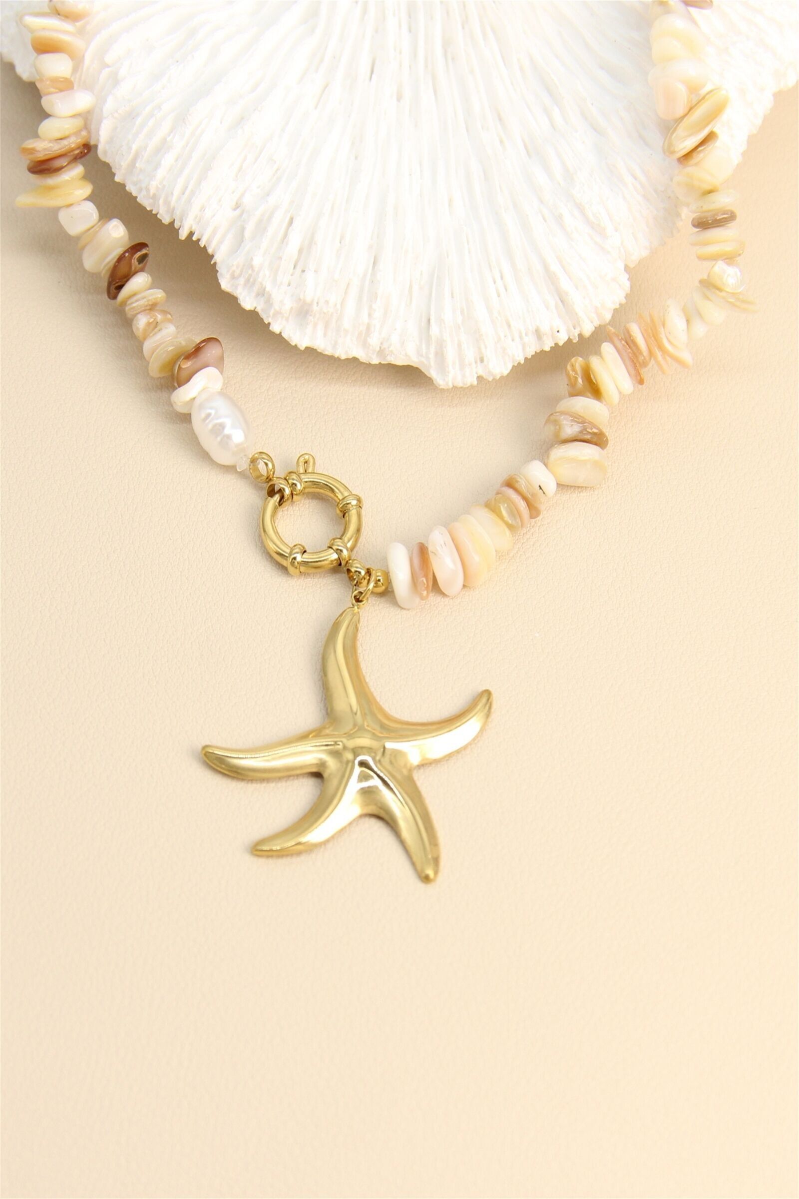 Seestern-Halskette – Edelstahl und Naturperlen