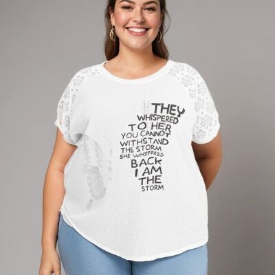 T-shirt blanc grande taille avec motif et inscriptions (C8010)