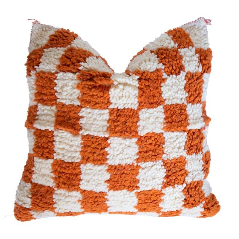 🧵 Handwoven Moroccan Wool Cushion Cover – Ivory & Orange Checkered |