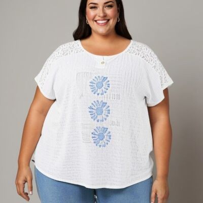 T-shirt taglie forti con fantasia e pizzo (C8011/BIANCO)