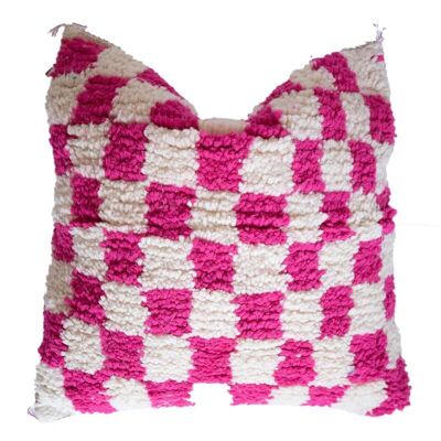 🧵 Handwoven Moroccan Wool Cushion Cover – Ivory & Pink Checkered | 50x50cm